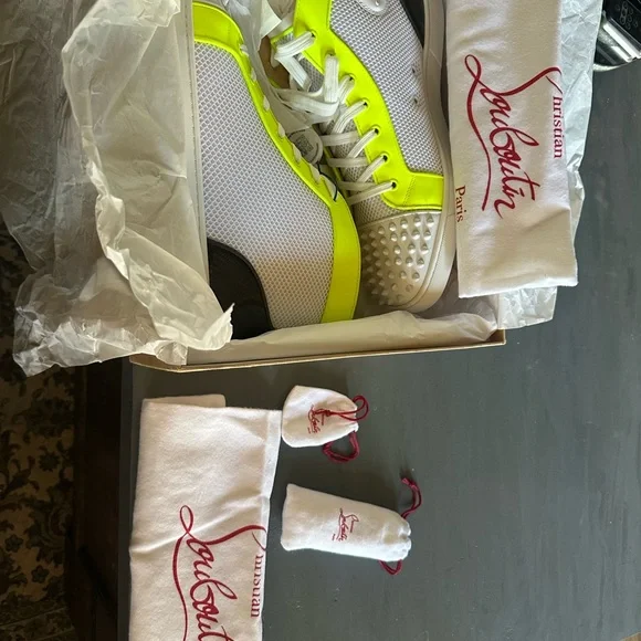Christian Louboutin White and Neon Yellow Sneakers Brand New
